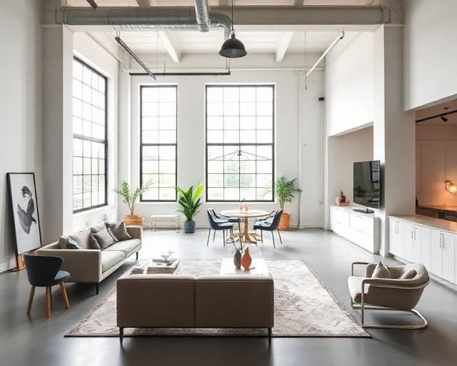 Loft open space versatile con grandi finestre industriali